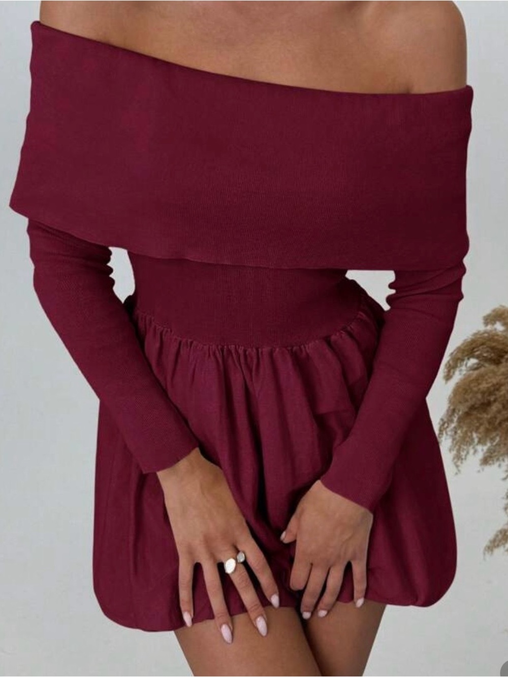 SHEIN Burgundy Off-Shoulder Ribbed Fit & Flare Sweater Dress